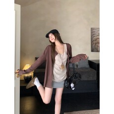 批发原版面料时尚套装宽松纯色长袖开衫女秋季内搭气质吊带背心两件套