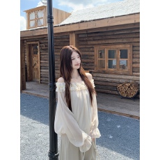 批发甜美法式一字肩长袖<b class='q'>雪纺衫</b>温柔衬衫女秋季2025新款设计感花边上衣