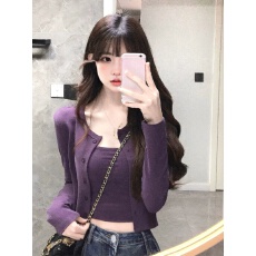 批发260克人棉韩系紫色长袖t恤内搭吊带<b class='q'>开衫</b>女独特超好看气质修身上衣