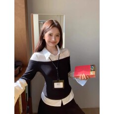 批发40支<b class='q'>纯棉</b>罗纹210克1*1 设计感撞色拼接翻领长袖上衣女