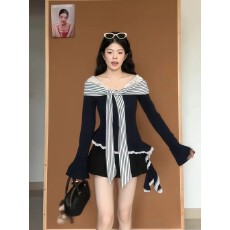 批发涤慕斯羊绒220克3*1 韩版甜美蕾丝<b class='q'>条纹</b>假两件上衣女T恤