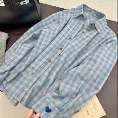 批发韩系蓝色格纹衬衫外套女早秋新款设计感宽松百搭衬衣气质chic上衣