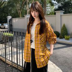 批发港味复古chic黄色格子衬衫女内搭叠穿宽松休闲百搭中长款衬衣外穿
