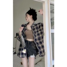 韩式设计感小众宽松百搭翻领复古长袖格子衬衫外套女春秋季衬衣潮