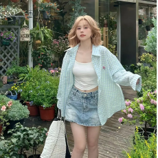 批发2026年新款粉色蓝色单件情侣设计显嫩格子衬衫女百搭休闲宽松外套