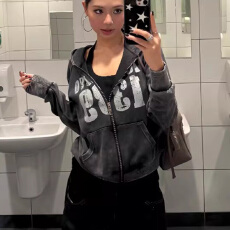 批发早春 复古水洗设计字母印花<b class='q'>拉链</b>连帽<b class='q'>卫衣</b>女宽松休闲百搭上衣1055