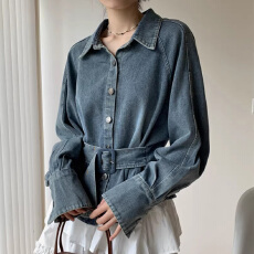 批发26早春新款休闲风牛仔衬衫女小众气质<b class='q'>通勤</b>收腰设计感短款外套1027
