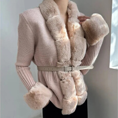 批发INS 百搭气质加厚<b class='q'>毛衣</b>外套 可拆卸毛领开衫针织外套 配腰带 8265