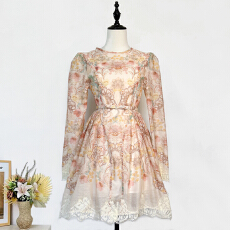 批发实拍轻奢高定新款重工<b class='q'>蕾丝</b>拼贴时尚印花圆领优雅迷你<b class='q'>连衣裙</b>短伞款