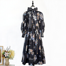 批发实拍法式<b class='q'>宫廷</b>风走秀设计新款印花复古灯笼袖长袖精致<b class='q'>连衣裙</b>长裙