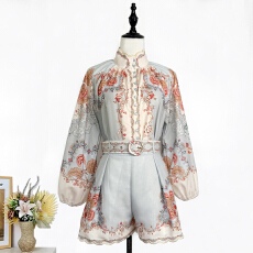 批发实拍澳洲2026春夏薄荷色复古<b class='q'>印花</b>单排扣宽松上衣花瓣边<b class='q'>短裤</b>套装