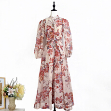 批发实拍欧美名媛气质立领灯笼袖重工钉钻大摆长裙<b class='q'>连衣裙</b>收腰系带显瘦