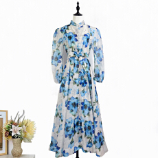 批发实拍轻奢高定新款复古印花立领单排扣大裙摆长裙<b class='q'>连衣裙</b>外贸女装