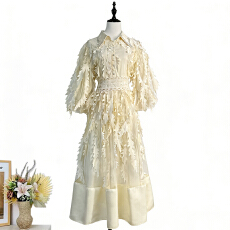 批发实拍欧美重工网纱拼接立体树藤灯笼袖<b class='q'>连衣裙</b>女高级感蕾丝收腰礼服