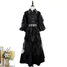 批发实拍复古宫廷风<b class='q'>连衣裙</b>女2026春季钉珠翻领灯笼袖立体花朵网纱长裙