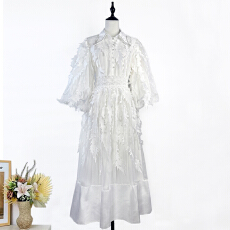 批发实拍外贸女装泡泡袖钉钻翻领流苏羽毛腰部镂空时髦单排扣<b class='q'>连衣裙</b>长
