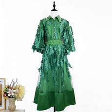 批发实拍欧美流苏羽毛装饰<b class='q'>连衣裙</b>重工镶钻翻领设计长款复古<b class='q'>连衣裙</b>长裙