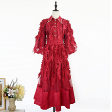 批发实拍法式优雅流苏羽毛单排扣<b class='q'>连衣裙</b>衬衫领腰部镂空拼接网纱长裙