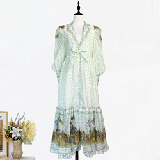 批发实拍法式轻奢V领钉珠珍珠单排扣长裙复古灯笼袖印花荷叶边长裙