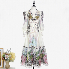 批发实拍法式度假风绝美惊艳印花西装领连衣<b class='q'>裙</b>高级感蕾丝钉珠大摆长<b class='q'>裙</b>