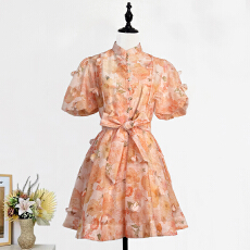 批发实拍澳洲新款复古印花重工花朵吊坠收腰显瘦系带<b class='q'>连衣裙</b>短裙两件套