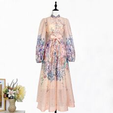 批发实拍澳洲2026春夏新款重工钉钻灯笼袖单排扣大摆连衣裙<b class='q'>长裙</b>优雅