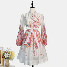 批发实拍名媛优雅高级感礼服女2026新款欧美立领<b class='q'>灯笼</b>袖排扣印花连衣<b class='q'>裙</b>