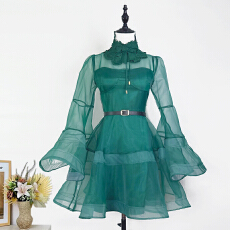 批发实拍澳洲高定走秀款名媛气质喇叭袖真丝蓬蓬两件套<b class='q'>连衣裙</b>短带胸垫