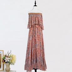 批发实拍澳洲度假风一字领露肩荷叶边复古<b class='q'>印花</b>精细压褶垂感长款<b class='q'>连衣裙</b>
