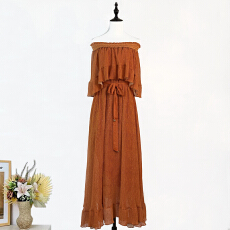 批发实拍澳洲Z家连衣裙一字领露肩假金棕波点度假仙女裙Daylight长裙