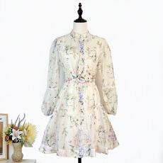 批发实拍5色欧美名媛设计半高领<b class='q'>灯笼</b>袖清新印花拼接夹花边连衣<b class='q'>裙</b>短<b class='q'>裙</b>