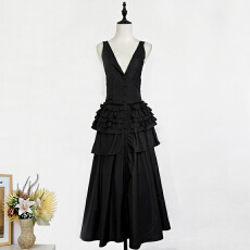 批发实拍欧美优雅法式复古风挂脖款荷叶边蛋糕裙中长裙纯色<b class='q'>连衣裙</b>单件