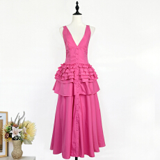 实拍7色欧美夏季新款净色V领单排扣复古中长款大摆连衣裙高腰