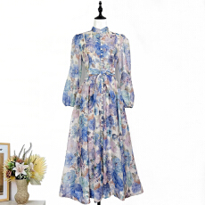 批发实拍欧美轻奢高定复古印花立领单排扣大裙摆连衣裙优雅灯笼袖<b class='q'>长裙</b>