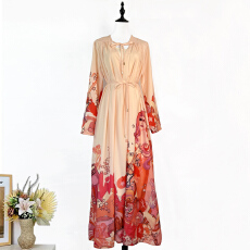 批发实拍澳洲复古真丝印花仙女长裙度假宽松系带<b class='q'>休闲</b><b class='q'>时尚</b>两件套连衣裙