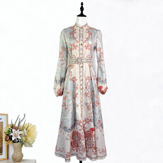 批发实拍澳洲优雅气质小众复古定位印花立领单排扣灯笼<b class='q'>长袖</b><b class='q'>连衣裙</b>长裙