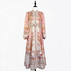 批发实拍欧美时尚印花2026春夏新款灯笼袖<b class='q'>长袖</b>收腰显瘦大摆长款<b class='q'>连衣裙</b>