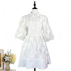 批发实拍欧美高级感设计网纱拼接蕾丝<b class='q'>灯笼</b>袖重工立体羽毛大摆<b class='q'>连衣裙</b>