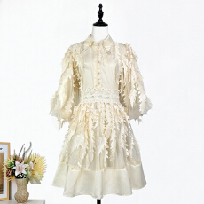 批发实拍法式优雅<b class='q'>流苏</b>羽毛单排扣<b class='q'>连衣裙</b>衬衫领腰部镂空拼接中短裙女