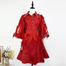批发实拍复古气质泡泡袖钉钻翻领<b class='q'>流苏</b>羽毛腰部镂空时髦单排扣<b class='q'>连衣裙</b>
