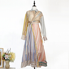 批发实拍澳洲新款彩条印花拼贴不规则绑带收腰衬衫裙灯笼袖大摆<b class='q'>连衣</b>裙