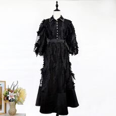 批发实拍6色法式宫廷风刺绣羽毛拼贴领口钉钻衬衫高腰半身裙两件套长