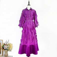 批发实拍6色欧美26春夏重工钉珠刺绣<b class='q'>流苏</b>网纱拼接泡泡袖长套装<b class='q'>连衣裙</b>