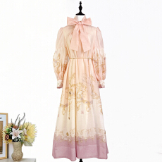 批发实拍8色澳洲2026春夏新复古印花灯笼袖宽松大摆收腰系带<b class='q'>连衣裙</b>长