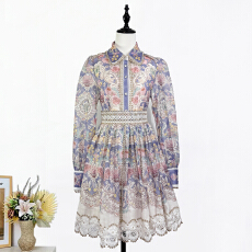 批发实拍澳洲早春新复古<b class='q'>印花</b>名媛气质翻领衬衣高腰半身裙套装蕾丝拼边