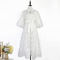 批发实拍<b class='q'>欧美</b>宫廷风重工网纱拼接立体花朵灯笼长袖收腰显瘦礼服连衣裙