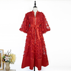 批发实拍<b class='q'>欧美</b>重工网纱拼接立体花朵灯笼袖连衣裙女高级感系带收腰<b class='q'>礼服</b>