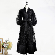 批发实拍4色法式<b class='q'>时尚</b>名媛网纱透视连衣裙V领灯笼袖重工立体花朵长裙