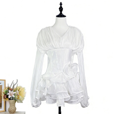 批发实拍小众女神范<b class='q'>时尚</b>灯笼袖连衣裙女珠光薄纱拼接收腰显瘦荷叶边裙