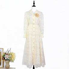 批发实拍3色<b class='q'>欧美</b>春夏新翻领单排扣高品质刺绣蕾丝纯色连衣裙大摆<b class='q'>长裙</b>